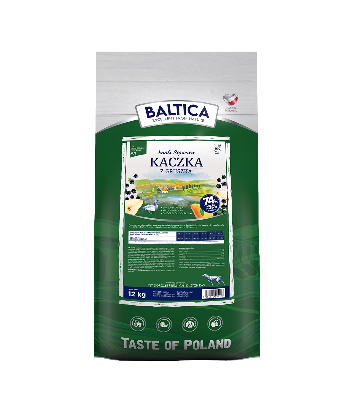 BALTICA SMAKI REGIONÓW SUCHA KARMA DLA PSA KACZKA Z GRUSZKĄ M/XL 12KG