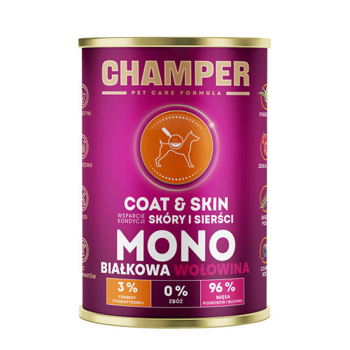CHAMPER MOKRA KARMA DLA PSA COAT&SKIN MONOBIAŁKOWA WOŁOWINA 400G