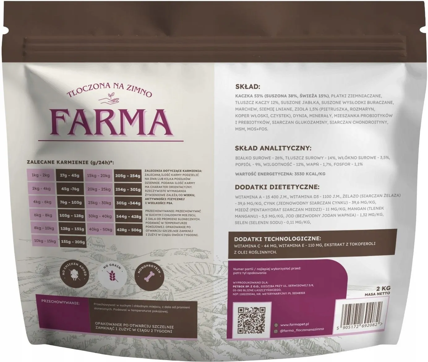 FARMA SUCHA KARMA PIES KACZKA TŁOCZONA NA ZIMNO 2KG