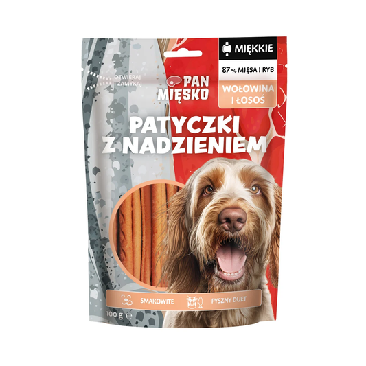 PAN MIĘSKO PRZYSMAKI DLA PSA PATYCZKI Z NADZIENIEM WOŁOWINA 100G