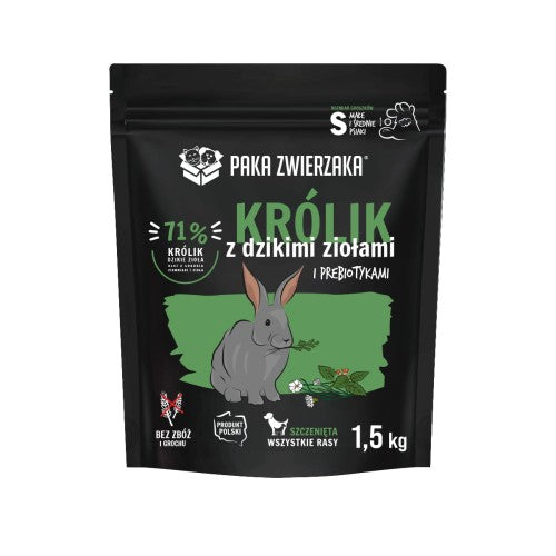 PAKA ZWIERZAKA JUNIOR SUCHA KARMA DLA PSA KRÓLIK I DZIKIE ZIOŁA 1,5KG
