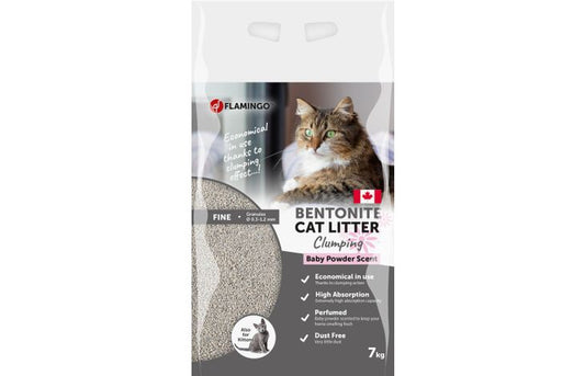 FLAMINGO CAT LITTER BENTONITE CAN BABY POWDER SCENT FINE 7KG