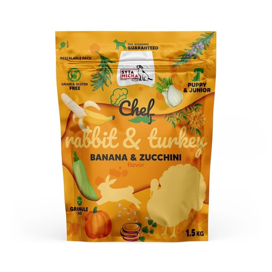 SYTA MICHA CHEF JUNIOR SUCHA KARMA DLA PSA KRÓLIK Z INDYKIEM, BANANEM, CUKINIĄ 1,5KG