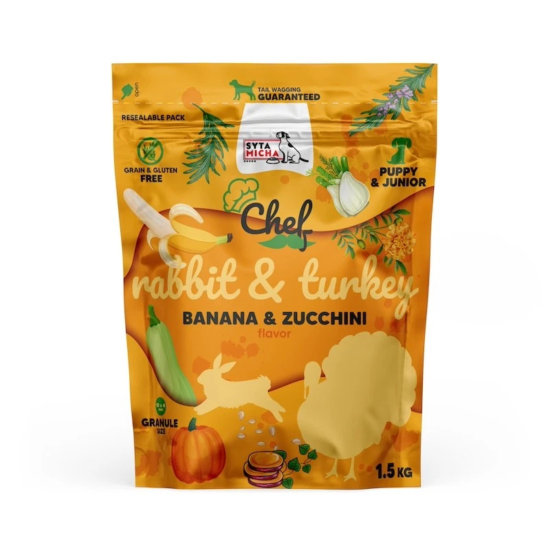 SYTA MICHA CHEF JUNIOR SUCHA KARMA DLA PSA KRÓLIK Z INDYKIEM, BANANEM, CUKINIĄ 1,5KG