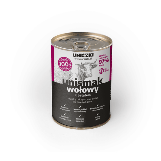 UNISZKI UNISMAK MOKRA KARMA DLA PSA WOŁOWINA Z KURCZAKIEM I BATATEM 410G
