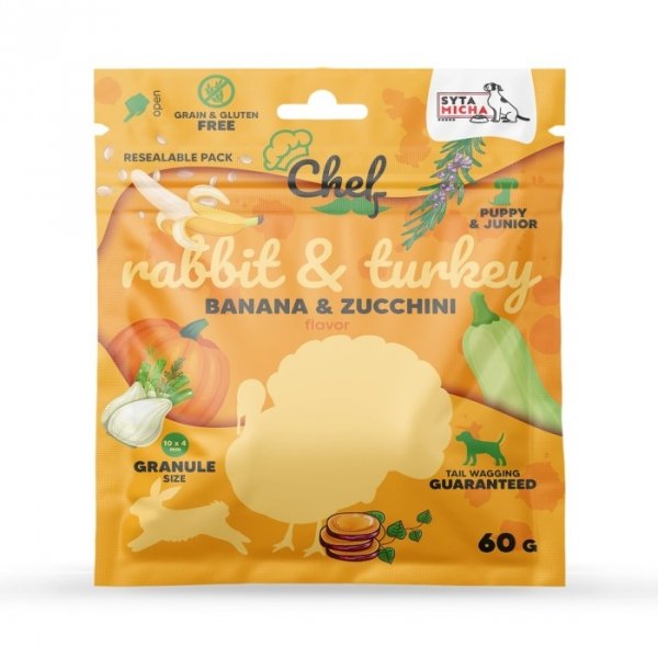 SYTA MICHA CHEF JUNIOR SUCHA KARMA DLA PSA KRÓLIK Z INDYKIEM, BANANEM, CUKINIĄ 60G