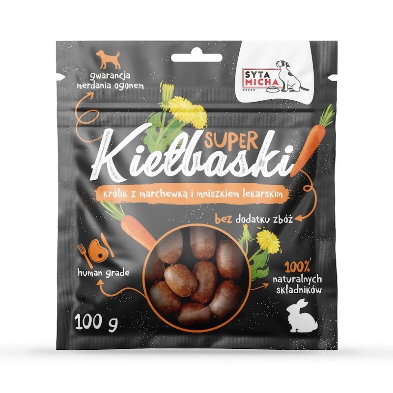 SYTA MICHA SUPER KIEŁBASKI PRZYSMAKI DLA PSA Z KRÓLIKIEM, MARCHEWKĄ I MNISZKIEM 100G