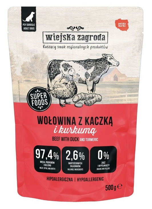 WIEJSKA ZAGRODA MOKRA KARMA PIES WOŁOWINA Z KACZKĄ 500G