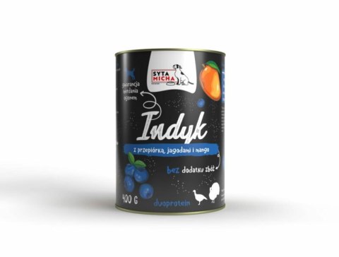 SYTA MICHA Karma mokra dla psa Indyk z przepiórką, jagodami i mango 400g SYTA MICHA Karma mokra dla psa Indyk z przepiórką, jagodami i mango 400g